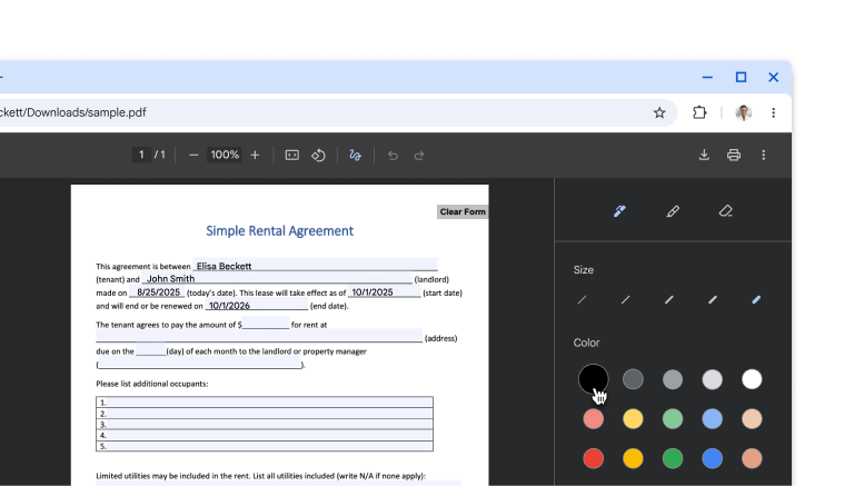 Plik PDF otwarty w przeglądarce PDF w Chrome z ręcznie narysowanymi adnotacjami i podpisem.