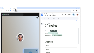 Użytkownik tworzy widok podzielony, przeciągając jedną kartę na drugą. Dzięki temu może łatwo robić notatki podczas rozmowy w Google Meet.