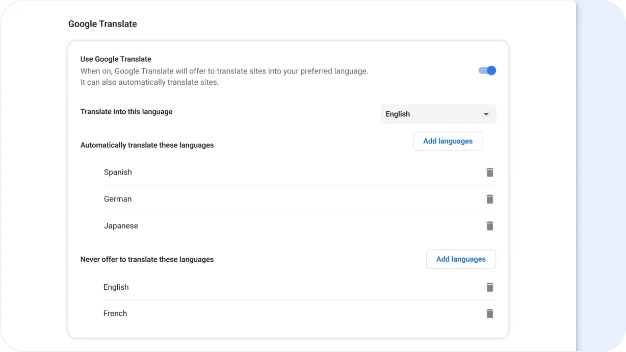 Google Translate setting page in Chrome