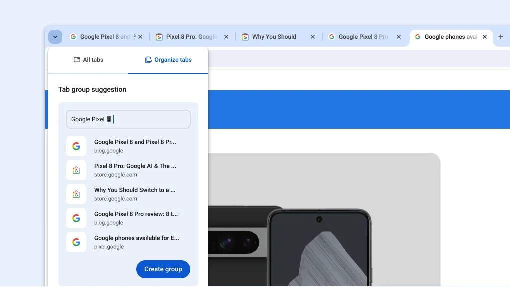 An AI tab group suggestion from Chrome that includes a group name and several tabs.