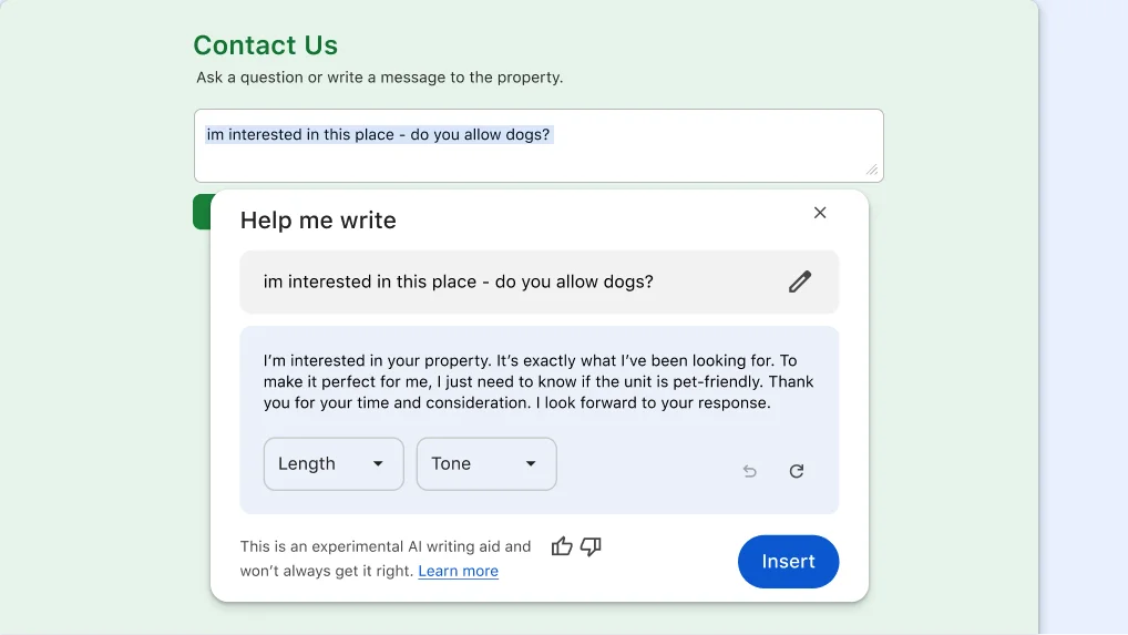 An empty Contact Us text box from a website with the Help me write box opened below it. The Help me write box has a prompt entered in the input field and a generated response below.