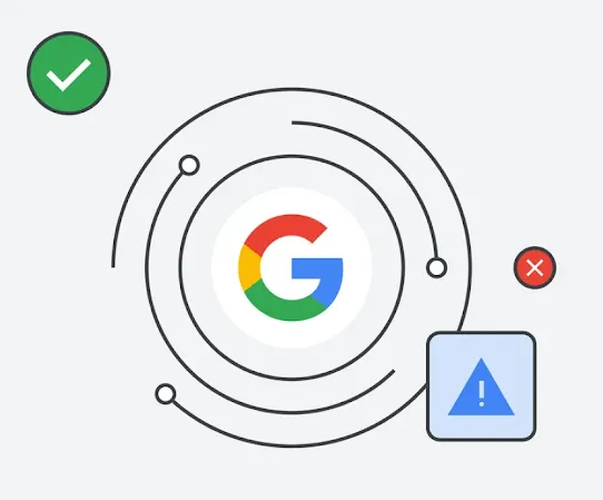 Illustration of verifications and warnings orbiting the Google logo