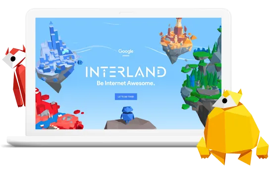 Illustration of the Interland home screen on a computer with creatures from the game watching