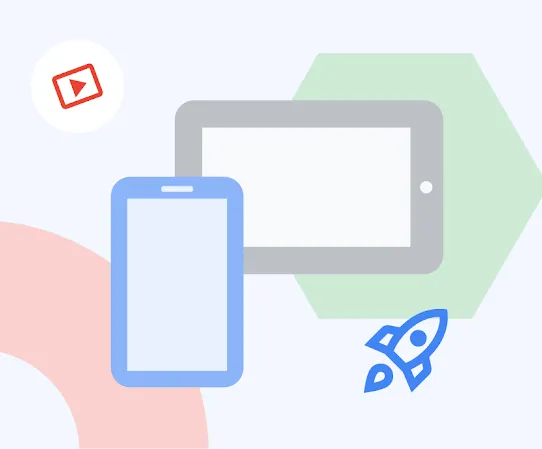 Illustration of a smartphone and tablet with geometric shapes, media player, and toy rocket