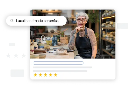 Photograph of a small business owner overlaid with a Google search query and five star reviews