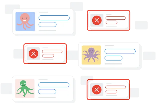 An illustration of six search results where three are flagged as unsafe