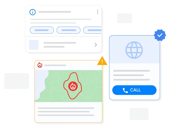 Illustration of search results showing developing stories, emergency alerts, and contact details