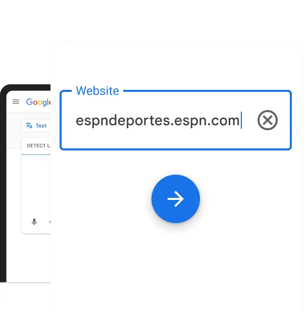 Illustrated laptop showing Translate's Website Translation function with supporting icons and illustrated shapes